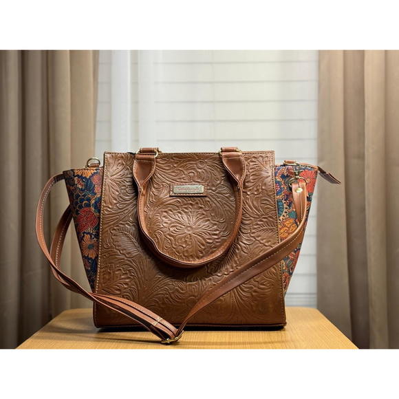 Floral Cork Cognac Brown Embossed Tooled Artisan LEATHER Hobo Bag Purse Tote - Picture 7 of 11